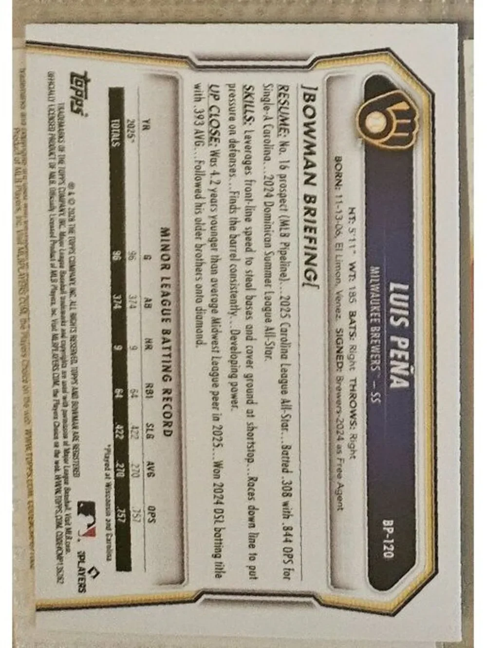 Luis Pena - 2026 Bowman #BP-120 Prospects - Milwaukee Brewers